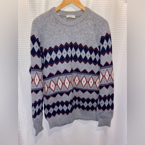 2/49$ Men’s SELECTED Fair Isle Raglan-Sleeve wool blend grey Sweater Sz‎ Large - Picture 2 of 13